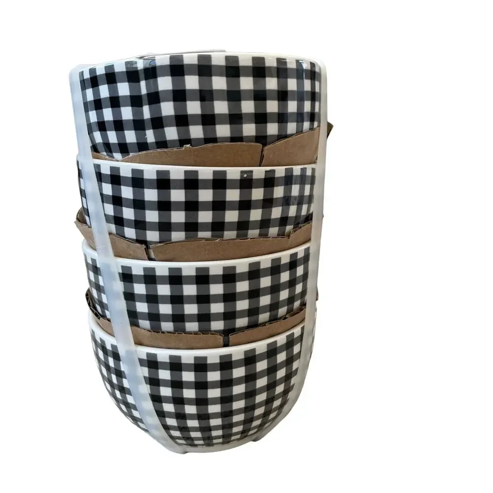 DOLLY PARTON Set of 4 Ceramic Tidbit Bowls Black|White Gingham Red Floral INEW